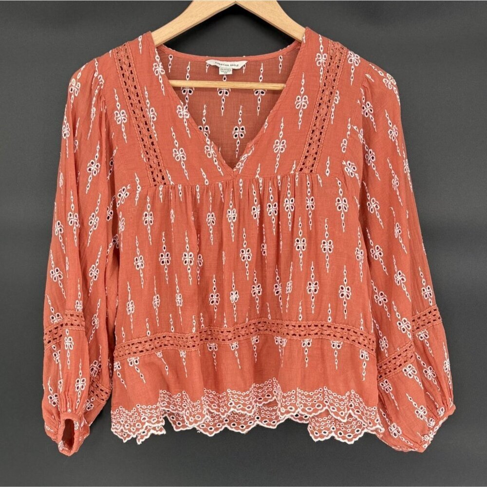 American Eagle Women's Eyelet Peasant Blouse XS Burnt Orange Boho Top Bohemian